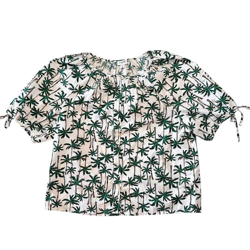 J CREW Palm Trees Tropical Printed Cotton Button Down Puff Sleeve Top Sz Medium